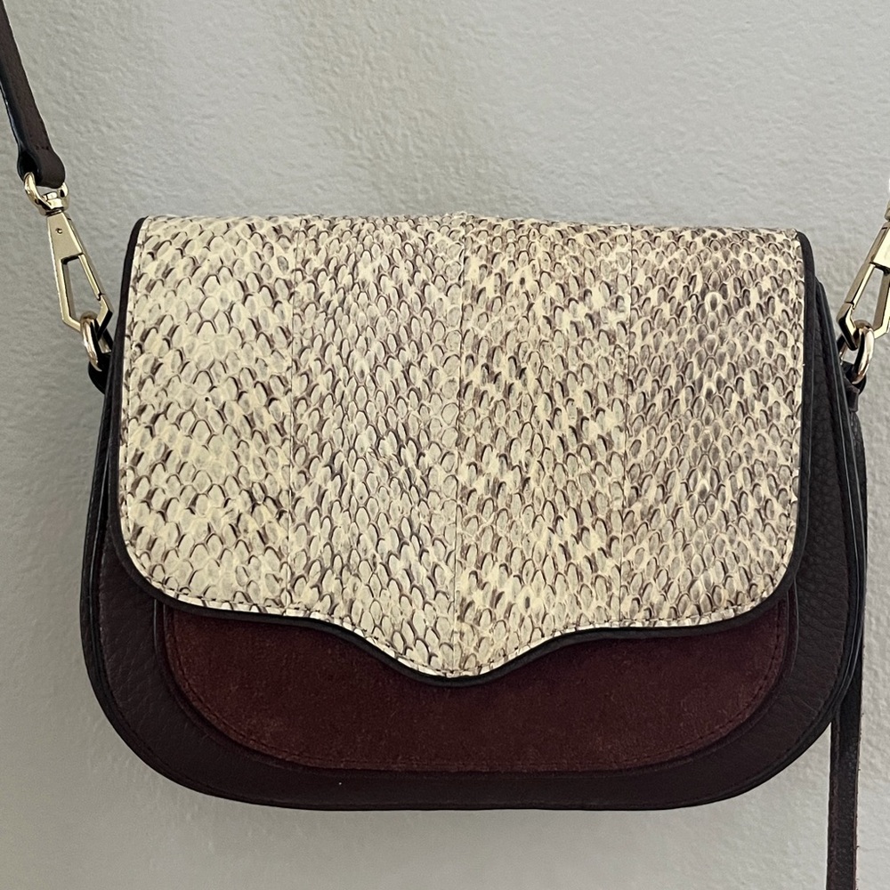 Rebecca Minkoff Mini Hudson Moto Crossbody – Brown Leather + Snake Embossed Flap